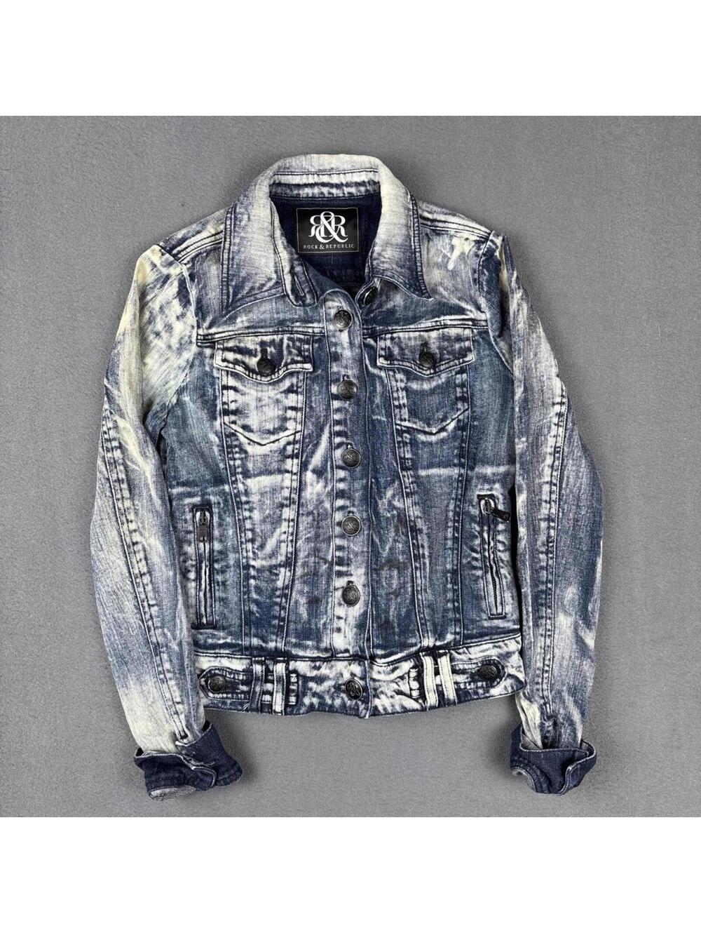 Y2K Rock & Republic Acid Wash Denim Jacket Women's XS Bleached Button Front